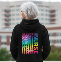 Load image into Gallery viewer, &quot;Live Love Heal Nurse&quot; Patriot Hoodie – Vibrant Colors &amp; Heartbeat Emblem
